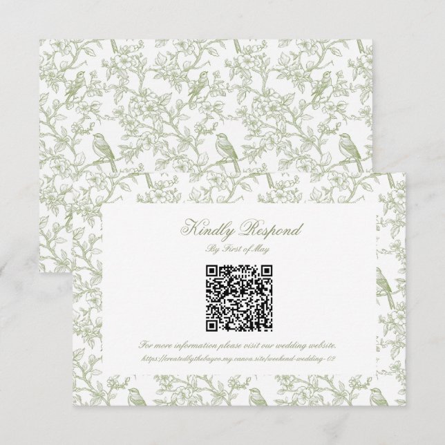 Classic Green Floral and Bird Toile QR code RSVP (Devant / Derrière)