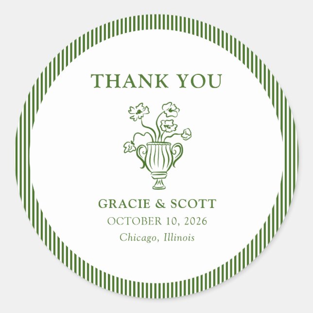 Classic Green Floral Stripe Wedding Thank You Classic Round Sticker (Front)