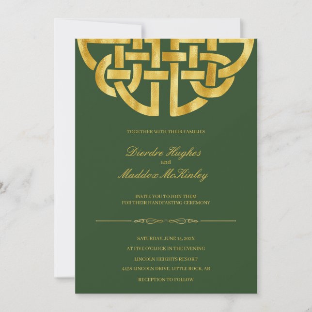 Classic Green Gold Celtic Knot Handfasting Invitation (Front)