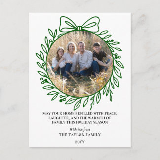 Classic Green Hand Drawn Bow Wreath Christmas Holiday Postcard