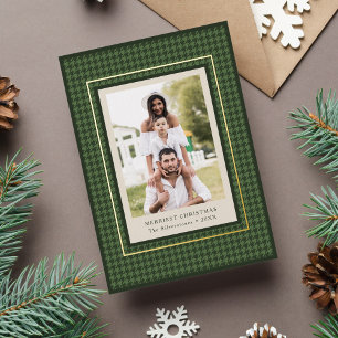 Classic Green Houndstooth Pattern Christmas Photo Foil Holiday Card