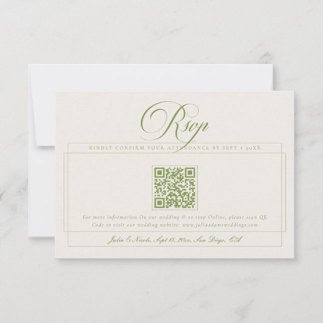 Classic Green Ivory Calligraphy QR Code Wedding RSVP Card (Front)
