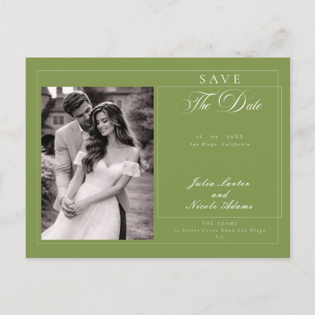 Classic Green Ivory Calligraphy Save The Date Postcard (Front)