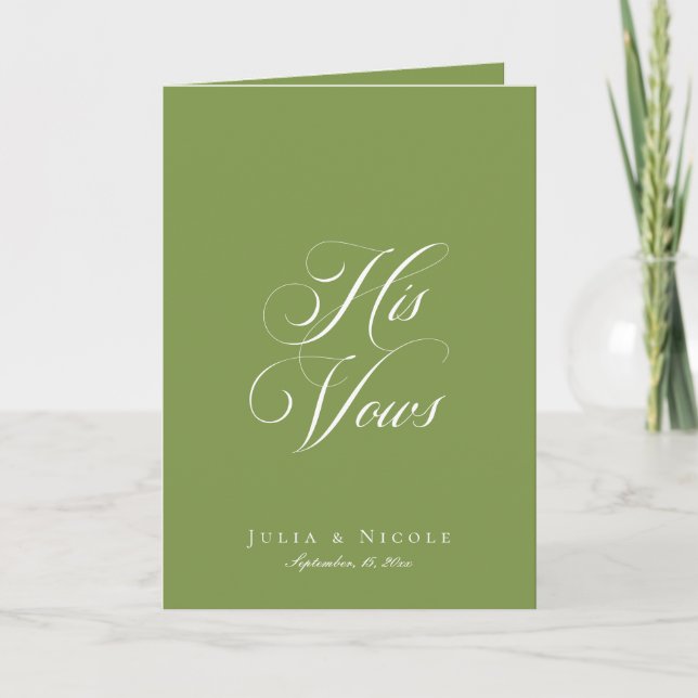 Classic Green Ivory Calligraphy Wedding His Vows Card (Front)