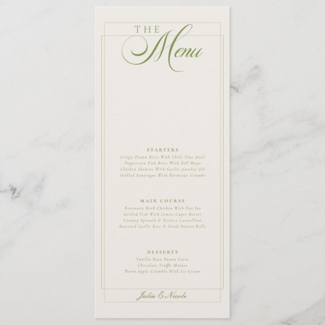 Classic Green Ivory Calligraphy Wedding Menu (Front)