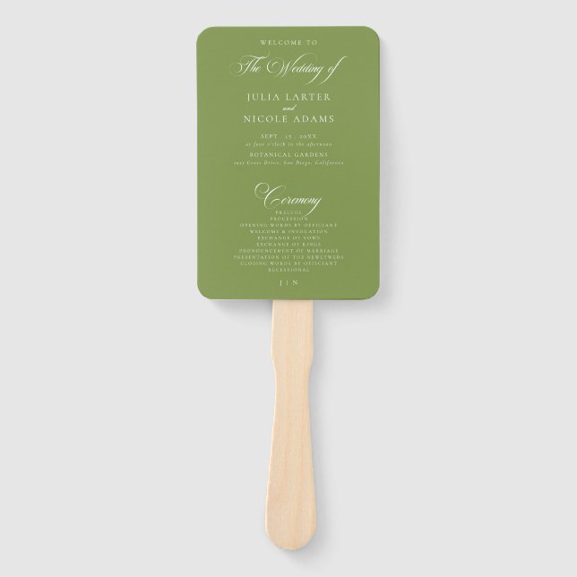 Classic Green Ivory Calligraphy Wedding Program Hand Fan (Front)