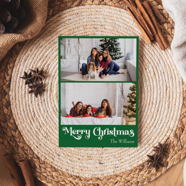 Classic Green Merry Christmas Vertical 2 Photo Holiday Card (Creator Uploaded)