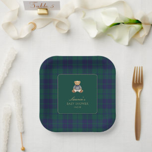 Classic Green Navy Plaid Bear Baby Shower Paper Plate
