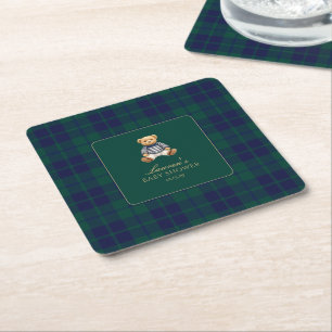 Classic Green Navy Plaid Bear Baby Shower  Square Paper Coaster
