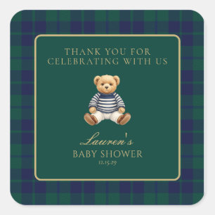 Classic Green Navy Plaid Bear Baby Shower  Square Sticker