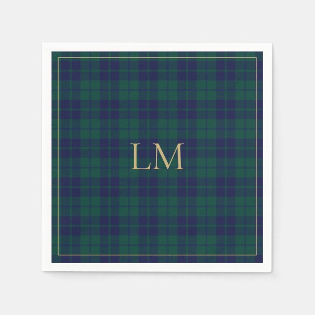 Classic Green Navy Tartan Plaid Gold Monogram Napkin (Front)