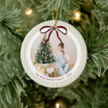 Classic Green Pink Stripes Red Bow Christmas
