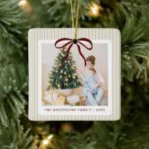 Classic Green Pink Stripes Red Bow Christmas