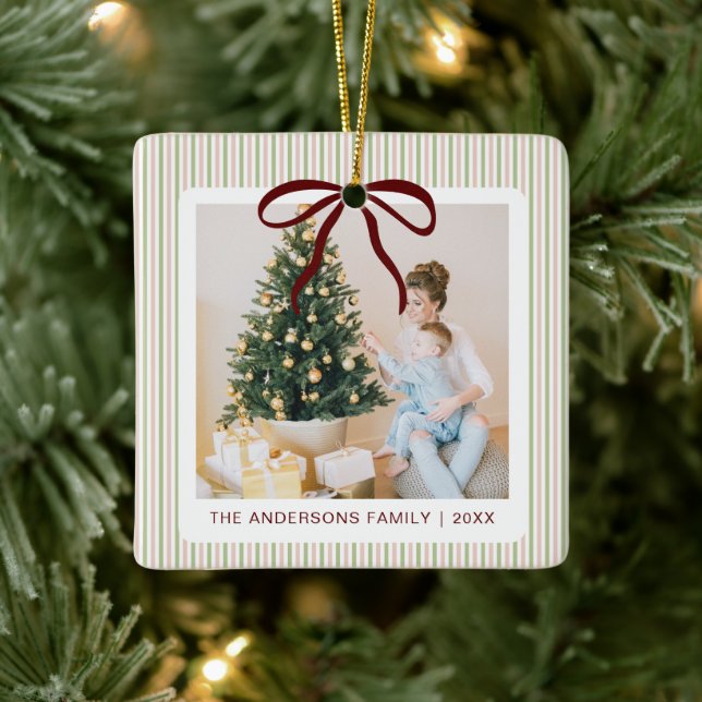Classic Green Pink Stripes Red Bow Christmas Ceramic Ornament (Tree)