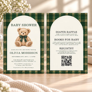 Classic Green Plaid Bear QR Code Baby Shower Invitation