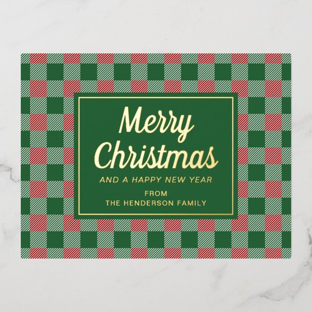 Classic Green Plaid Christmas Gold Foil Holiday Postcard (Front)