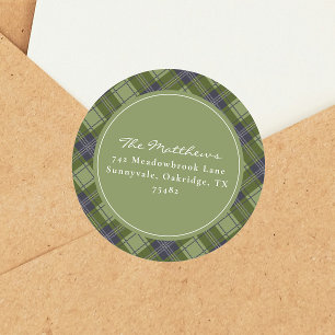 Classic Green Plaid Christmas Return Address Round Sticker