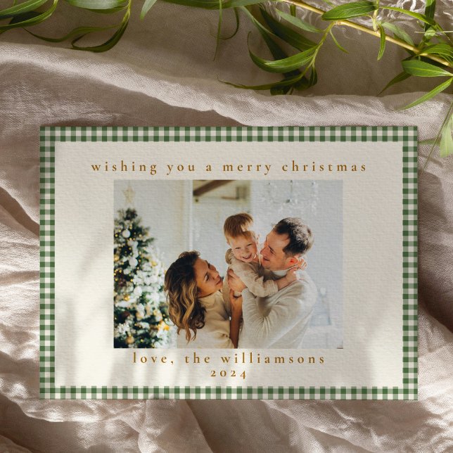 Classic Green Plaid Custom Two Photo Christmas Holiday Card (Creator Uploaded)