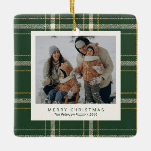 Classic Green Plaid Family 4 Photo Holiday Ceramic Ornament
