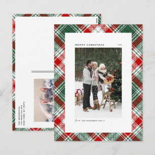 Classic Green Plaid Pattern Merry Christmas Photo Holiday Postcard