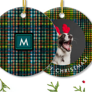 Classic Green Plaid Tartan Pattern Monogram Ceramic Ornament