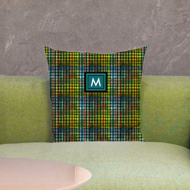 Classic Green Plaid Tartan Pattern Monogram Throw Pillow (Creator Uploaded)