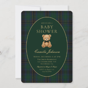 Classic Green Plaid Teddy Bear Baby Shower Invitation