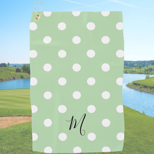 Classic Green Polka Dots Pattern Monogram Golf Towel (Creator Uploaded)