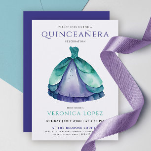 Classic Green Purple Quinceañera Princess Dress Invitation