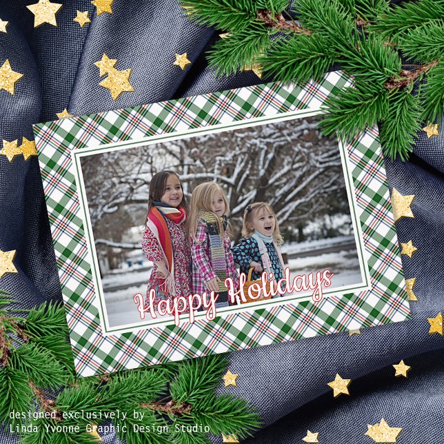 Classic Green Red Blue White Plaid Pattern Holiday Card (Creator Uploaded)