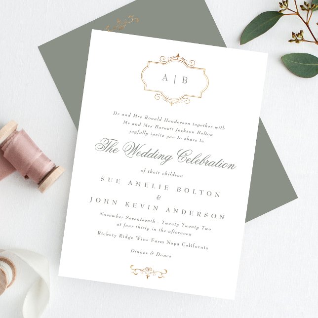 classic green sage gold crest monogram wedding invitation (Creator Uploaded)