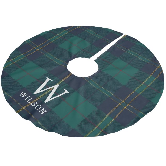 Classic Green Tartan Plaid Monogram Christmas Brushed Polyester Tree Skirt (Angled)