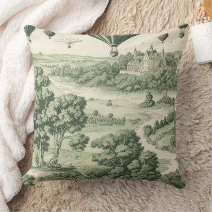 Classic Green Toile de Jouy French Countryside Throw Pillow