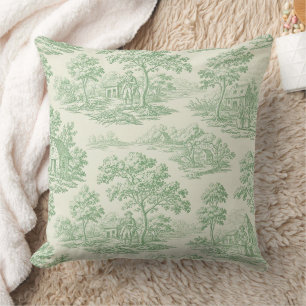 Classic Green Toile Farm Landscape Throw Pillow