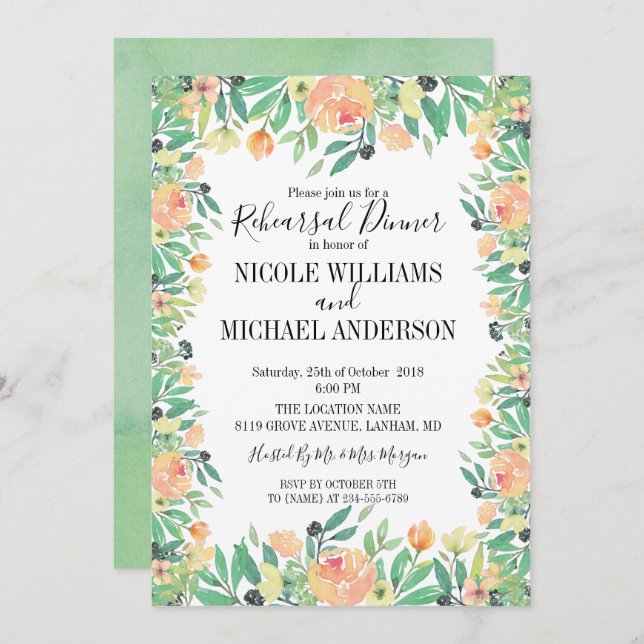 Classic Green watercolor peony  Rehearsal Dinner Invitation (Front/Back)