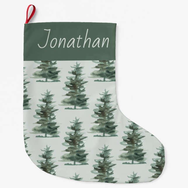 Classic Green Watercolor Pine Tree Large Christmas Stocking (Front)