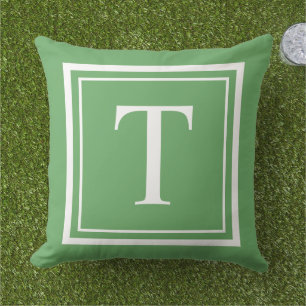Classic Green White Square Frame Monogram Outdoor Pillow