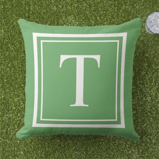 Classic Green White Square Frame Monogram Outdoor Pillow (Grass)