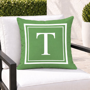 Classic Green White Square Frame Monogram Outdoor Pillow