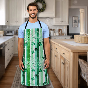 Classic Green White Vertical Stripes Shamrocks Apron