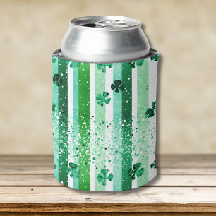 Classic Green White Vertical Stripes Shamrocks Can Cooler