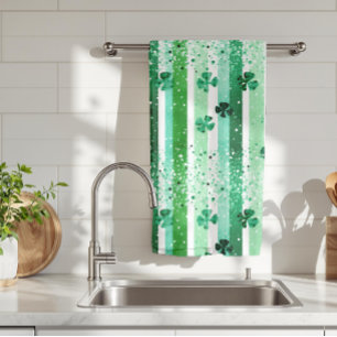 Classic Green White Vertical Stripes Shamrocks Kitchen Towel