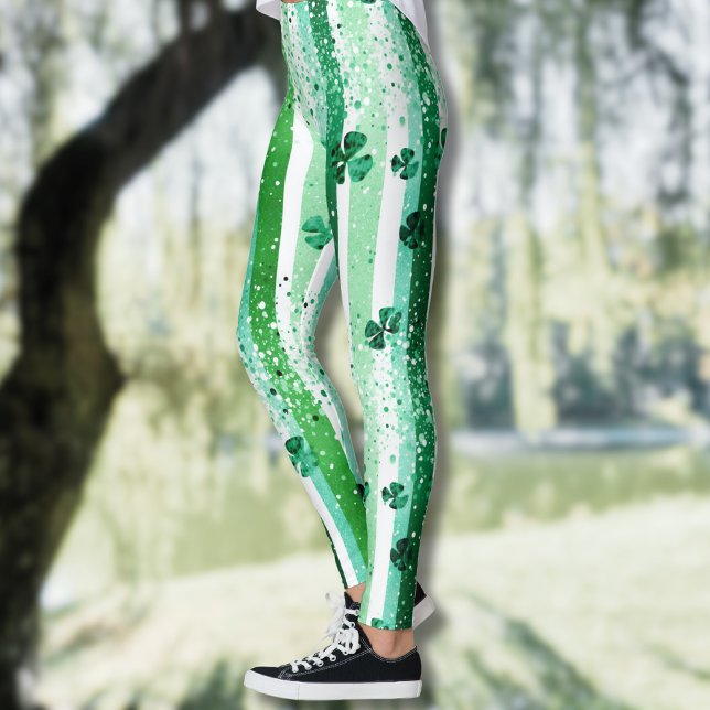 Classic Green White Vertical Stripes Shamrocks Leggings (Creator Uploaded)