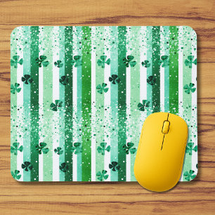 Classic Green White Vertical Stripes Shamrocks Mouse Pad