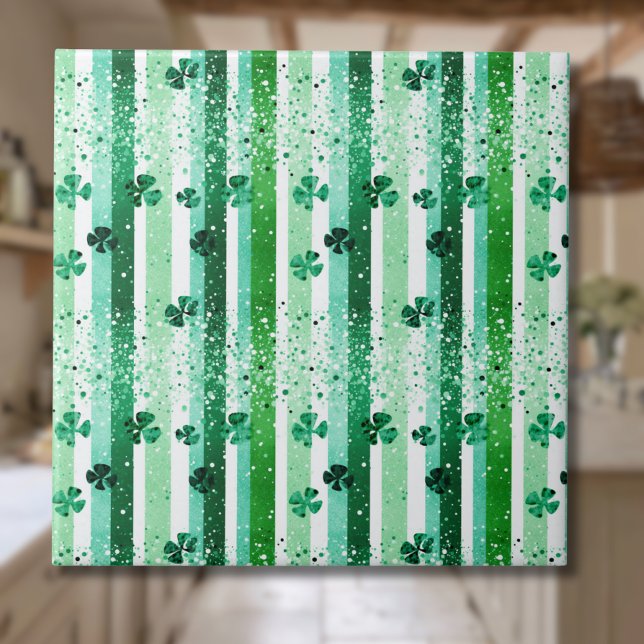 Classic Green White Vertical Stripes Shamrocks Tile (Creator Uploaded)
