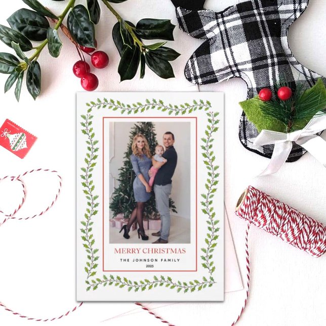 Classic Greenery Hollies Frame Christmas Announcement (Creator Uploaded)