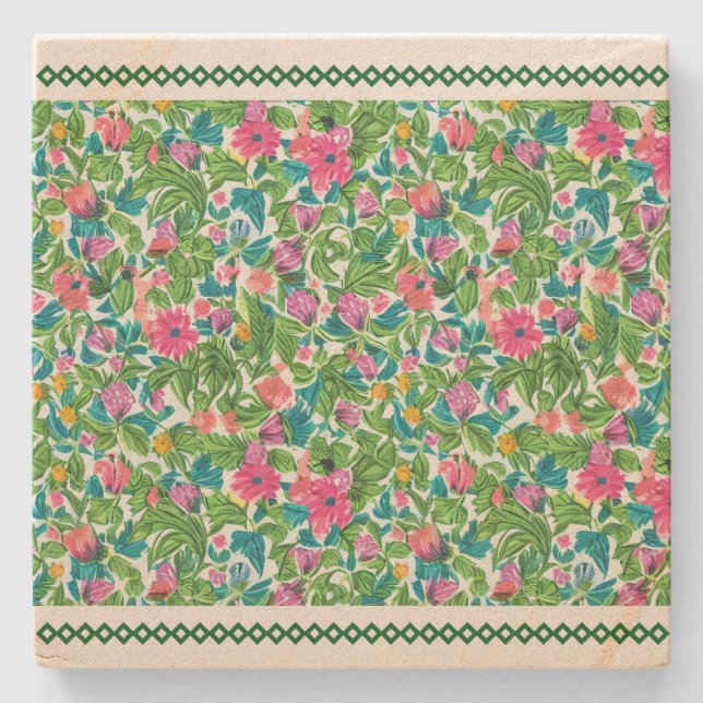 Classic greenery lace with summer flower garden  stone coaster (Front)