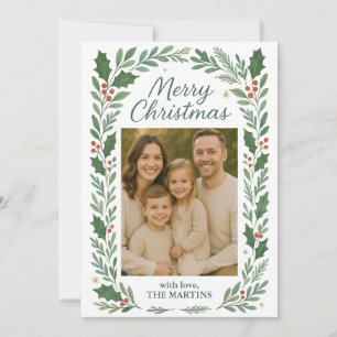 Classic Greenery Photo Customizable Christmas Card