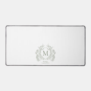 Classic Greenery Sage Green Floral Crest Monogram Desk Mat