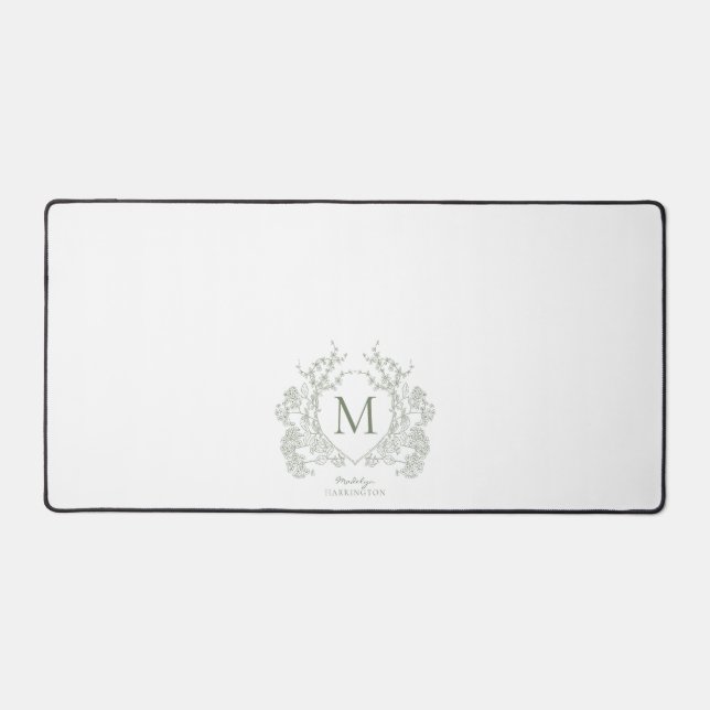 Classic Greenery Sage Green Floral Crest Monogram Desk Mat (Front)